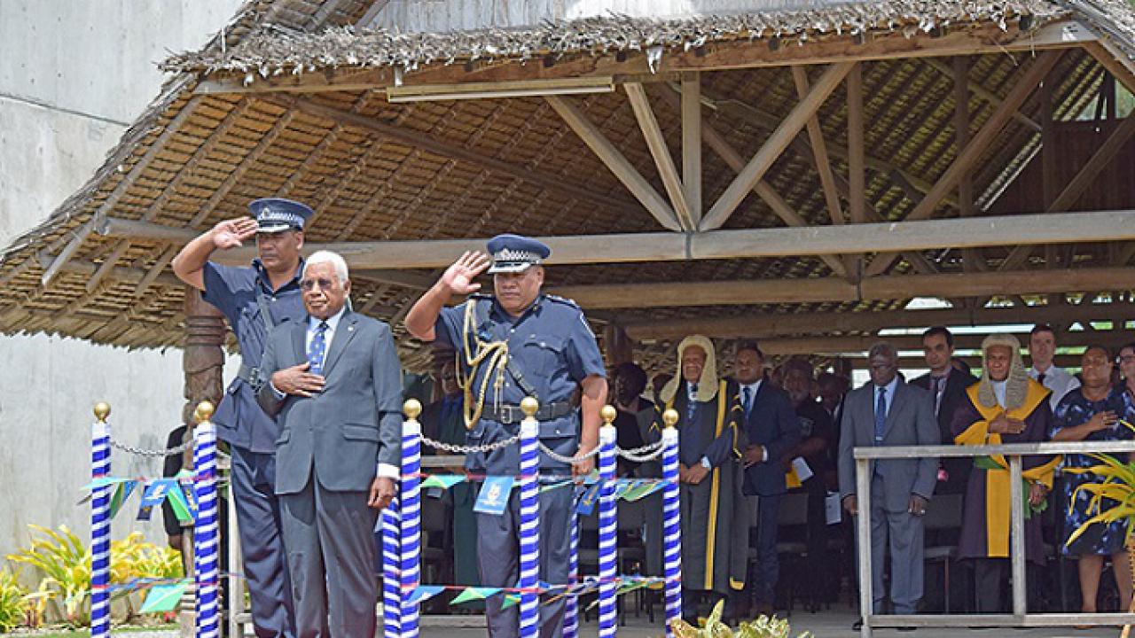 His Excellency the Governor General, the Rt Reverend Sir. David Vunagi during the national anthem at National Parliament.